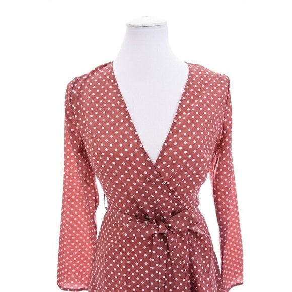 NWT Missguided Sz 2 Wrap Front Ruffled Dot Tea Dress Belt Silky Pink Brown xs - Picture 6 of 12